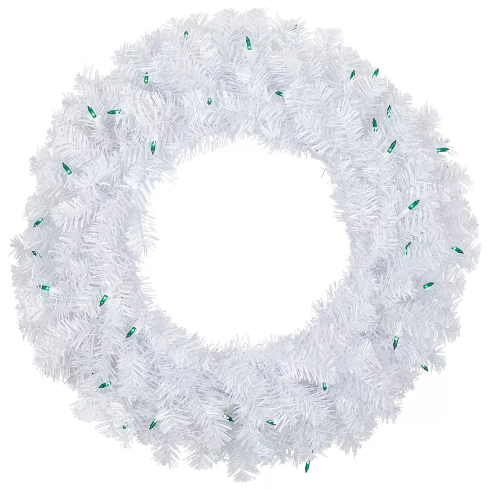 24 Inch Pre-Lit White Pine Artificial Christmas Wreath – Green LED Lights