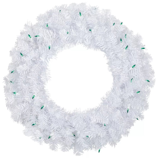 24 Inch Pre-Lit White Pine Artificial Christmas Wreath – Green LED Lights