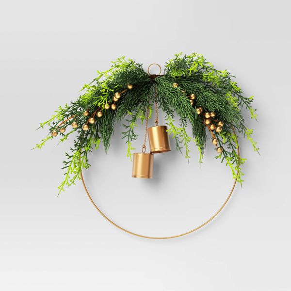 Christmas Hoop Wreath with Gold Bells Minimalist Holiday Door Decoration