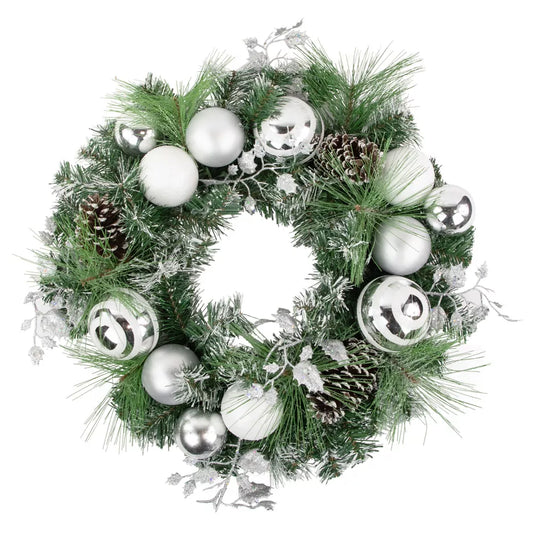 24 Inch Green Pine Needle Wreath with Pinecones and Christmas Ornaments Unlit