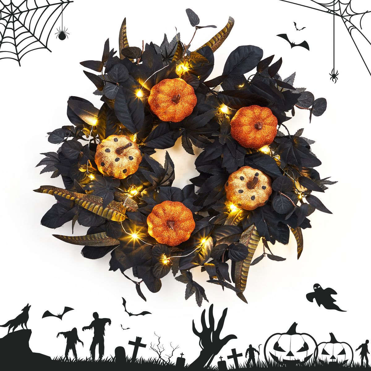 18" Halloween Pumpkin Wreath for Front Door – Indoor & Outdoor Fall Decoration