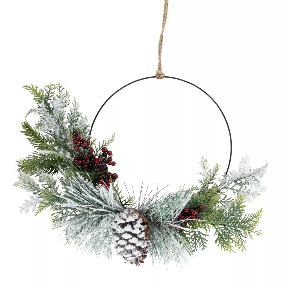 Frosted Mixed Foliage Berries Pinecone Artificial Christmas Wreath 16 Inch Unlit