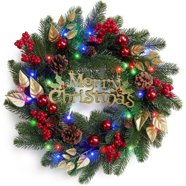 18" Pre-Lit Christmas Wreath with Pine Cones Berry 40 Colorful Lights