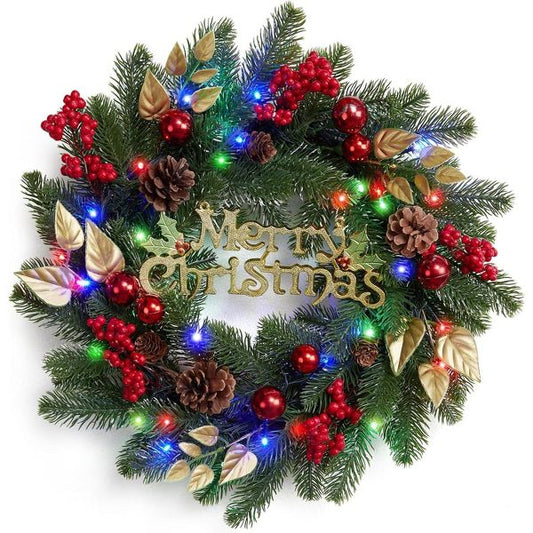 18" Pre-Lit Christmas Wreath with Pine Cones Berry 40 Colorful Lights
