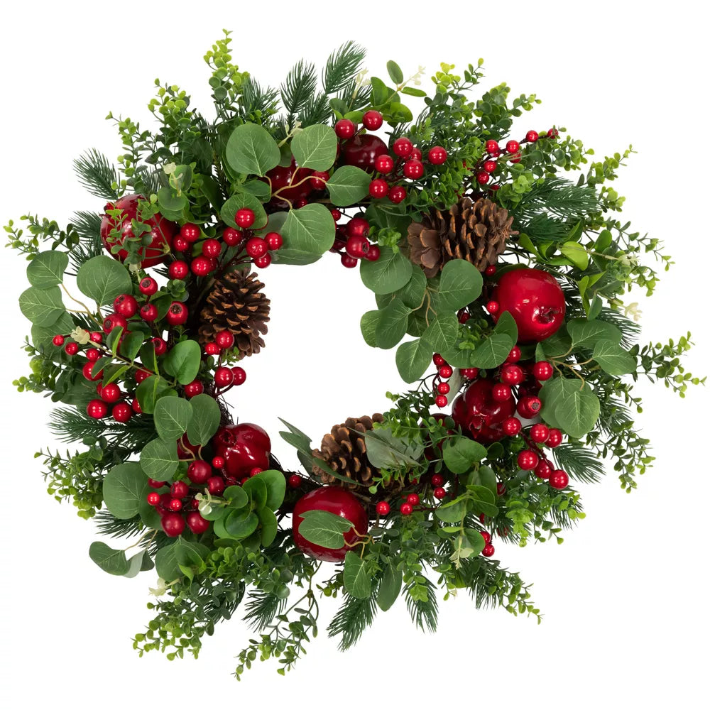 Crabapple Berries Boxwood Pine Christmas Wreath 26 Inch Unlit Artificial Holiday Decoration