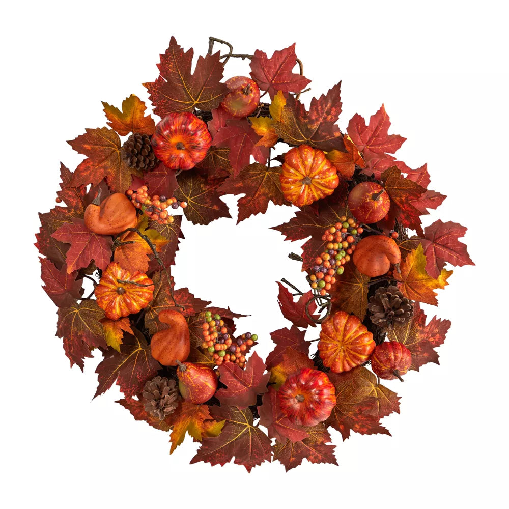 24-Inch Autumn Maple Leaves Pumpkin Pinecone and Berries Artificial Fall Wreath