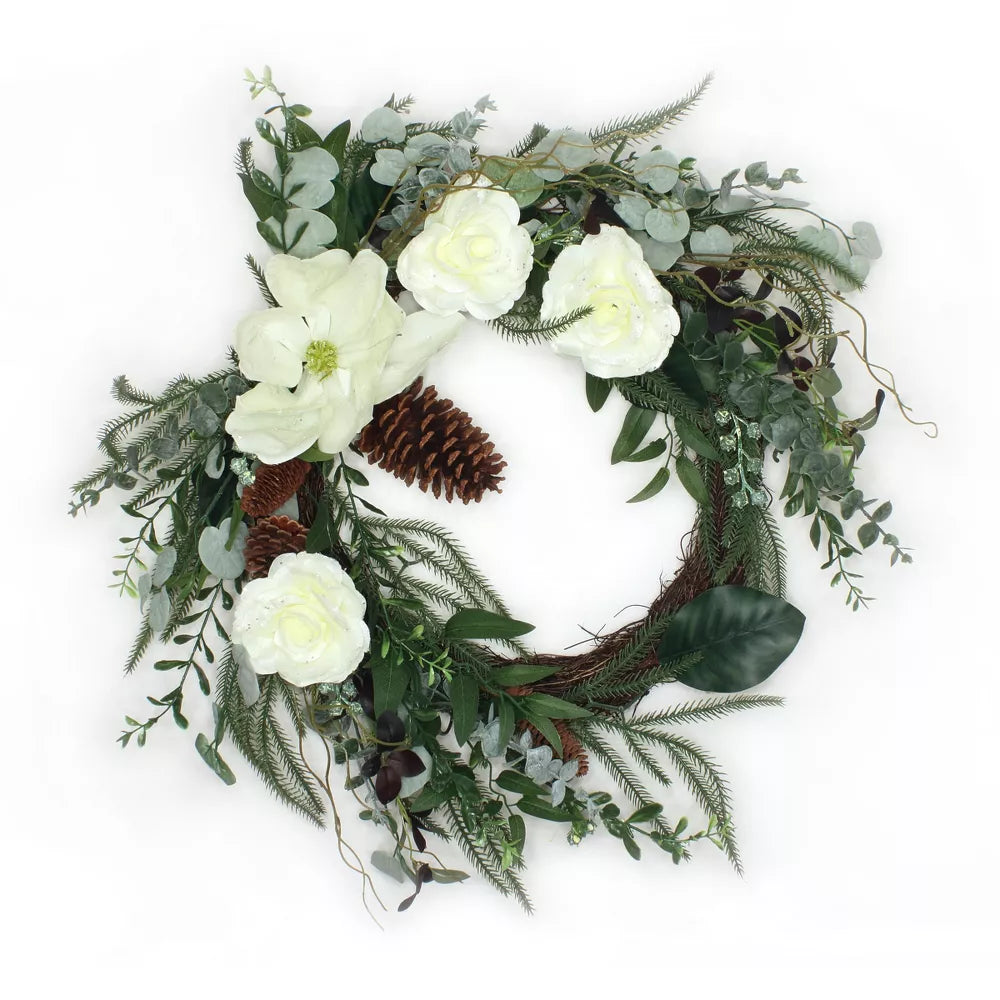 26 Inch Mixed Greens and White Flowers Artificial Wreath – Elegant Home Décor
