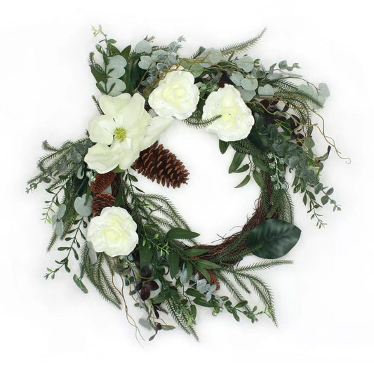 26 Inch Mixed Greens and White Flowers Artificial Wreath – Elegant Home Décor