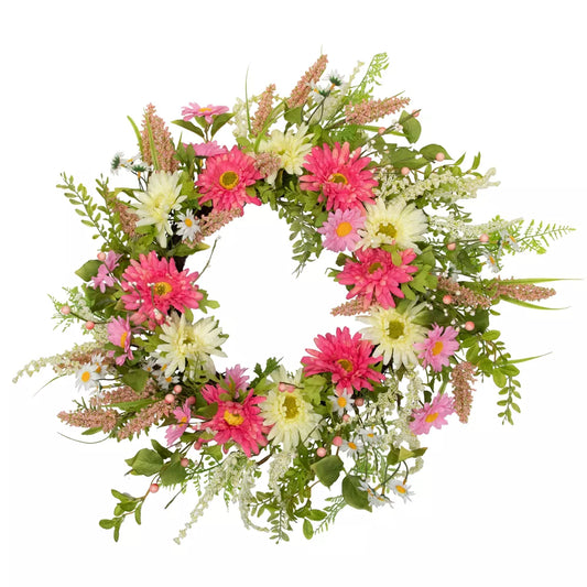 23 Inch Gerbera Daisy and Statice Floral Spring Wreath Pink White