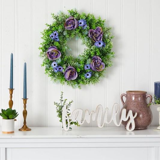 Nearly Natural 22-in Purple Rose Blue Daisy Greens Artificial Wreath