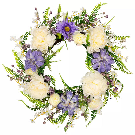 22 Inch Daisy and Peony with Foliage Artificial Floral Twig Wreath Purple
