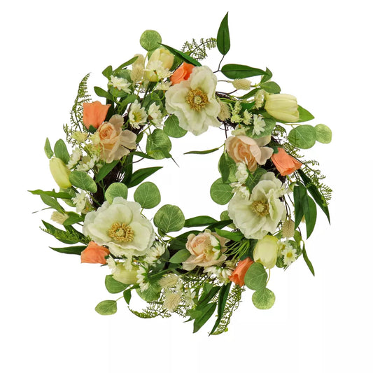 Artificial Tulips Poppies Buttercups Wreath 22 Inch Spring Floral Seasonal Decoration