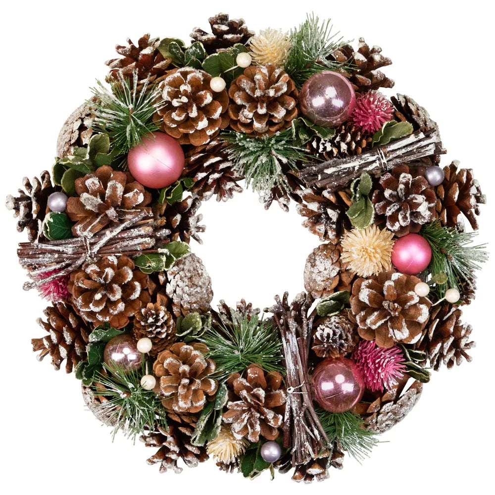 Pinecone Twig Thistle Frosted Artificial Christmas Wreath 13.5 Inch Unlit