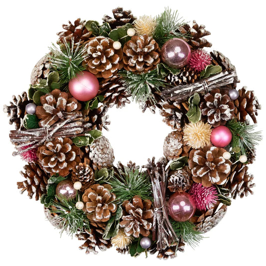 Pinecone Twig Thistle Frosted Artificial Christmas Wreath 13.5 Inch Unlit