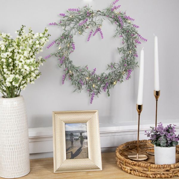 16 Inch Pre-Lit Pink Lavender Spring Wreath with White LED Lights – Battery Operated