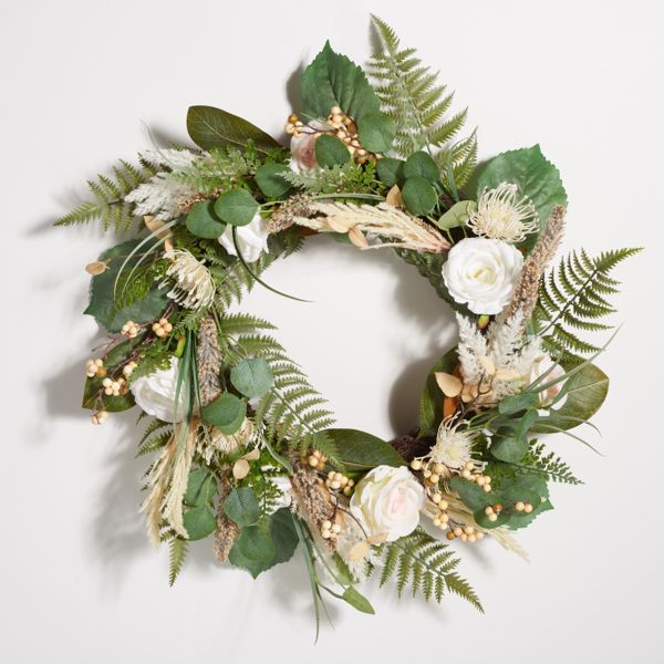 Faux 28" Rose & Fern Wreath - Multicolored - Safavieh