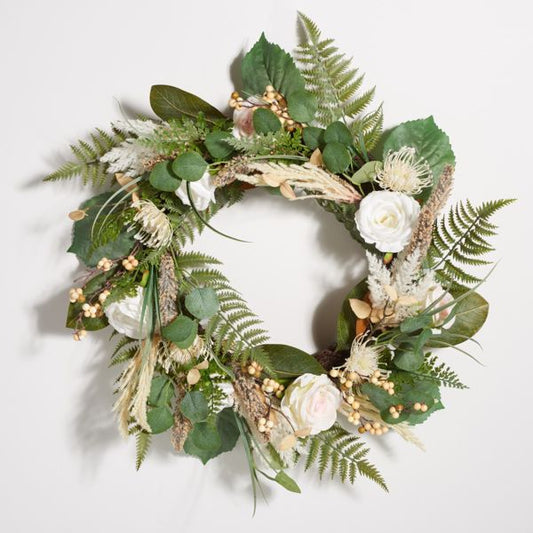 Faux 28" Rose & Fern Wreath - Multicolored - Safavieh
