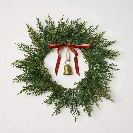 Mini Cypress Brass Bell Red Ribbon Wreath 12 Inch