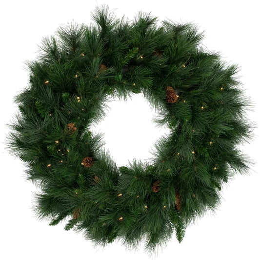 Pre-Lit White Valley Pine Wreath 36 Inch Clear Lights