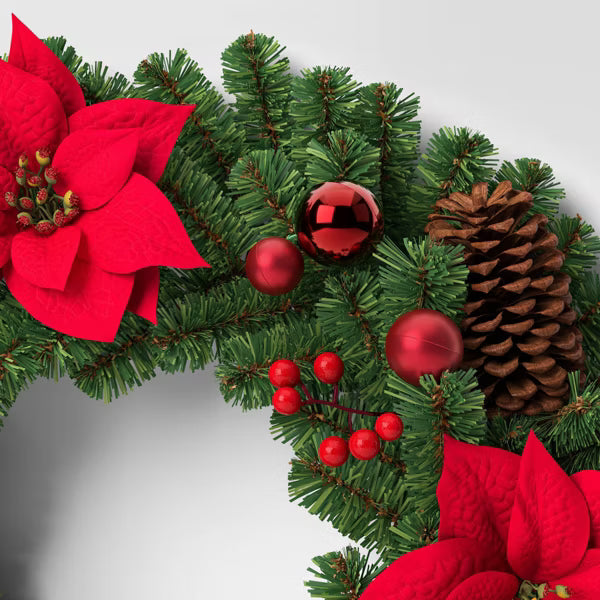 24" Decorated Pine and Poinsettia Flower Artificial Christmas Wreath