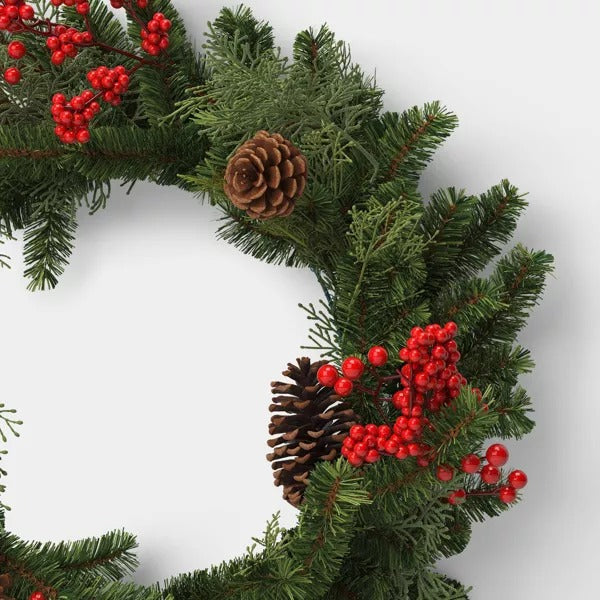 28" Mixed Greenery and Cedar with Pinecones and Red Berries Artificial Christmas Wreath Green
