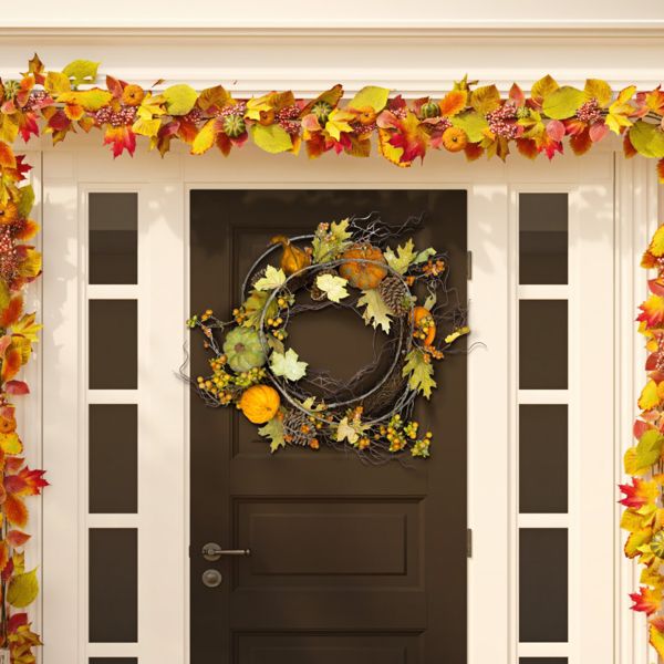 24" Faux Oak Leaf Pumpkin Wreath – Multicolored Fall Decor