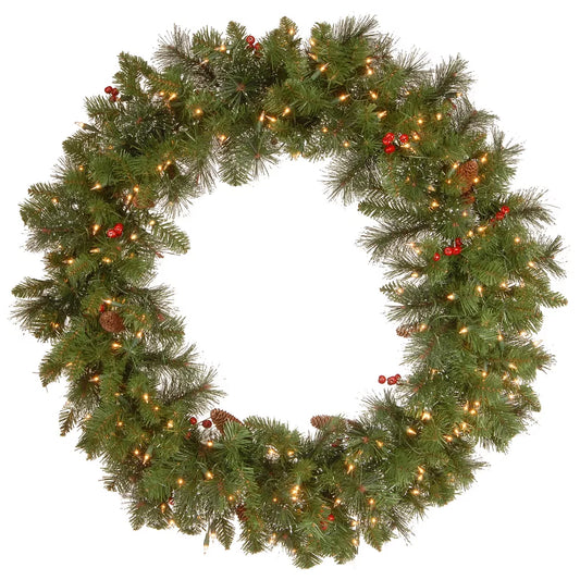 Pre-Lit Flocked Crestwood Spruce Wreath 36 Inch with Pinecones and Berries
