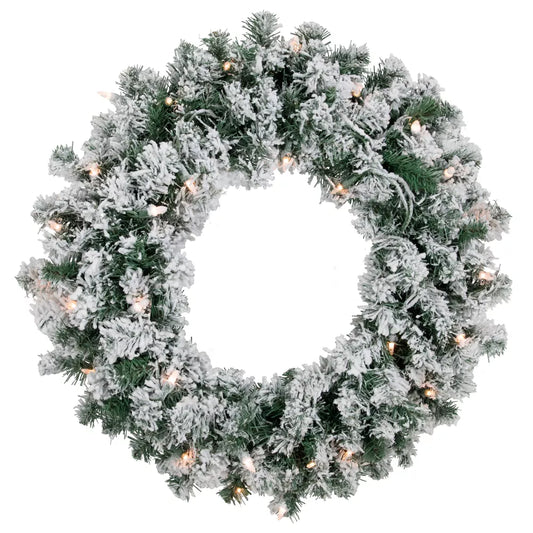 Northlight 24-Inch Pre-Lit Flocked Snow White Artificial Christmas Wreath with Clear Lights