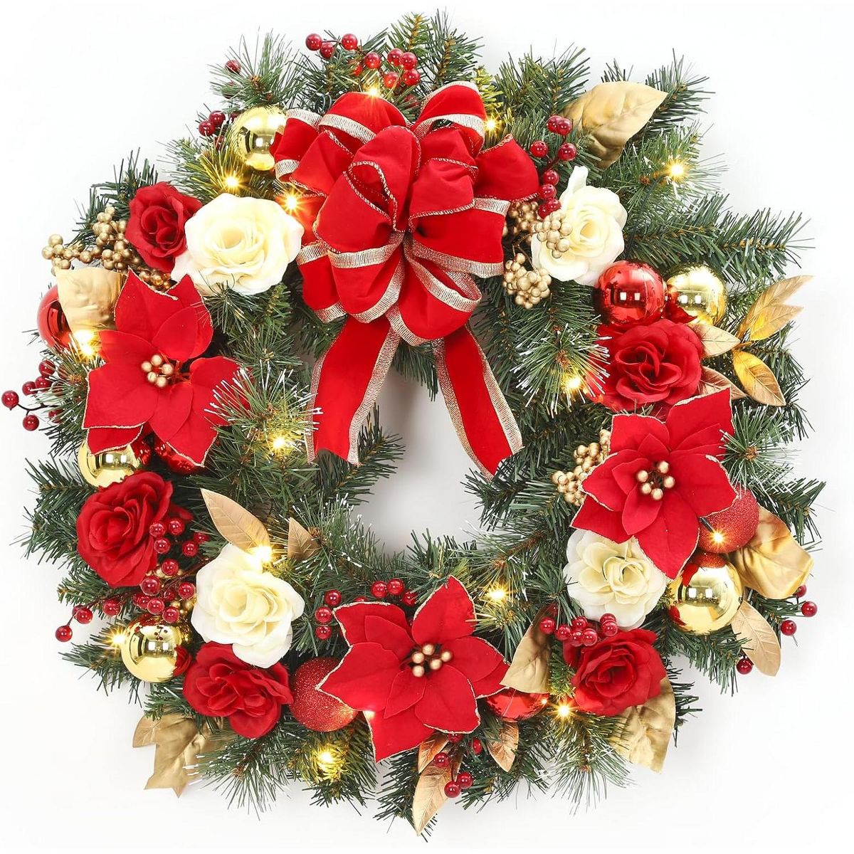 24 Inch Pre-Lit Christmas Wreath with Red Bow, Artificial Red Flowers & Balls – Front Door, Fireplace & Wall Decoration