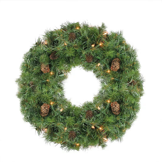 24 Inch Pre-Lit Red Pine Artificial Christmas Wreath with Clear Lights