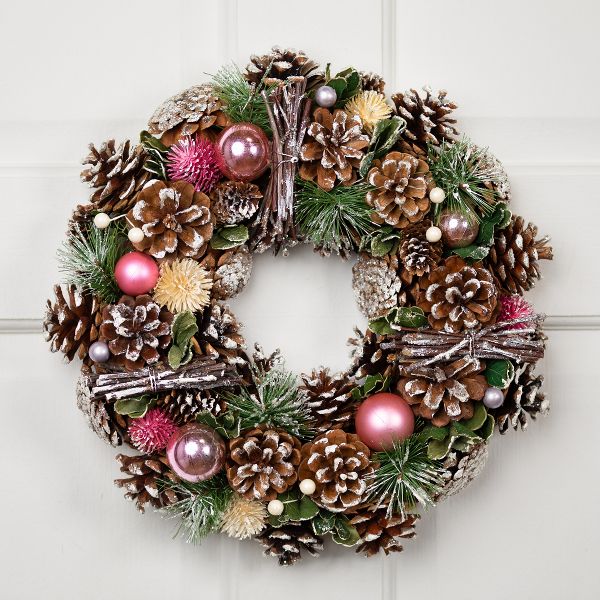 13.5" Frosted Christmas Wreath with Pinecones Twigs and Thistle Unlit