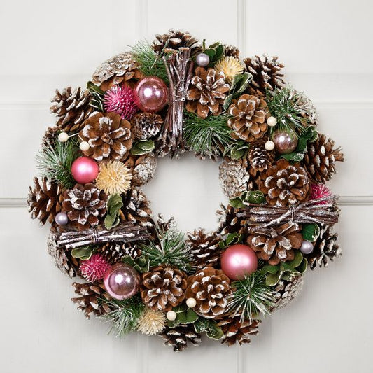 13.5" Frosted Christmas Wreath with Pinecones Twigs and Thistle Unlit