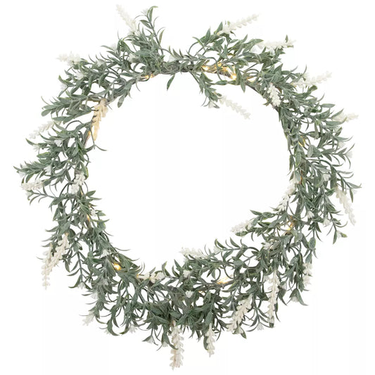 Prelit White Lavender Battery Operated Spring Wreath 16 Inch Clear LED