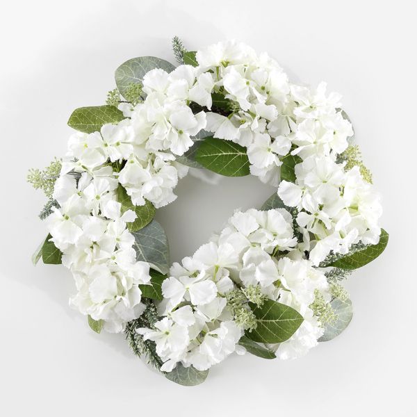 Faux Hydrangea and Magnolia Spring Wreath White and Green 22 Inch
