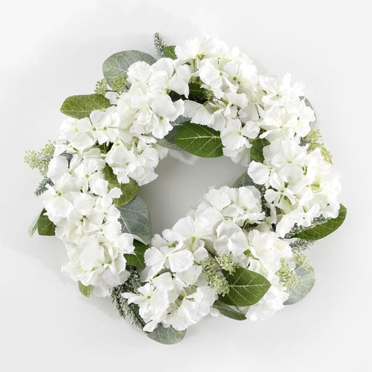Faux Hydrangea and Magnolia Spring Wreath White and Green 22 Inch