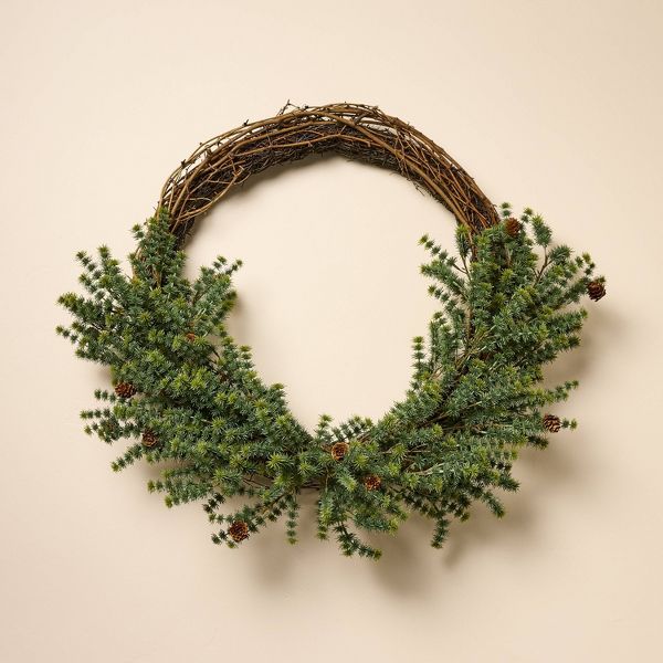 22" Asymmetrical Pine Wreath with Pinecones Rustic Winter Wall Decor
