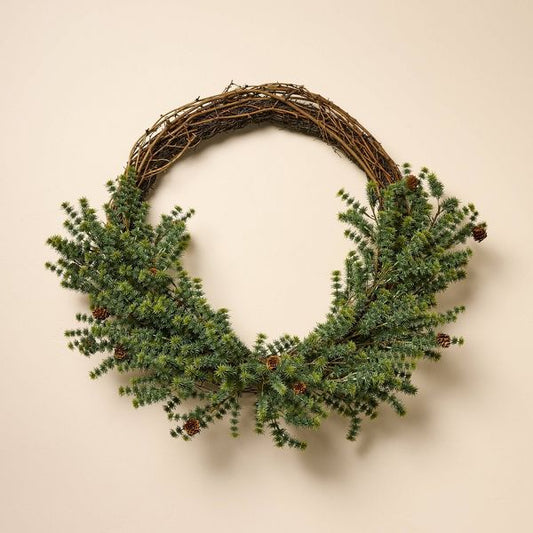 22" Asymmetrical Pine Wreath with Pinecones Rustic Winter Wall Decor