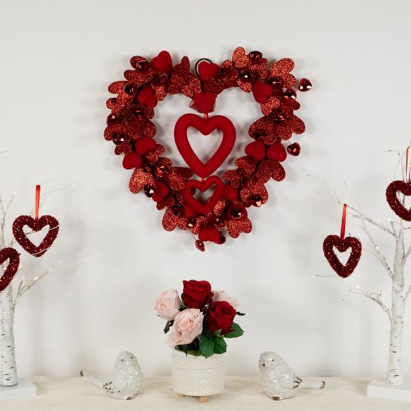 Heart Shaped Glittered Valentine's Day Wreath with Red Hearts 22 Inch