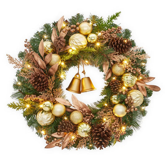 24" Pre-Lit Christmas Wreath with Lights, Pine Cones, Berries & Bells – Festive Front Door Décor