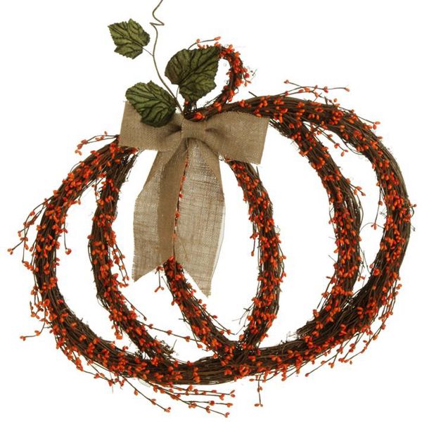 25" Twig Pumpkin Wreath with Burlap Bow – Autumn Decor