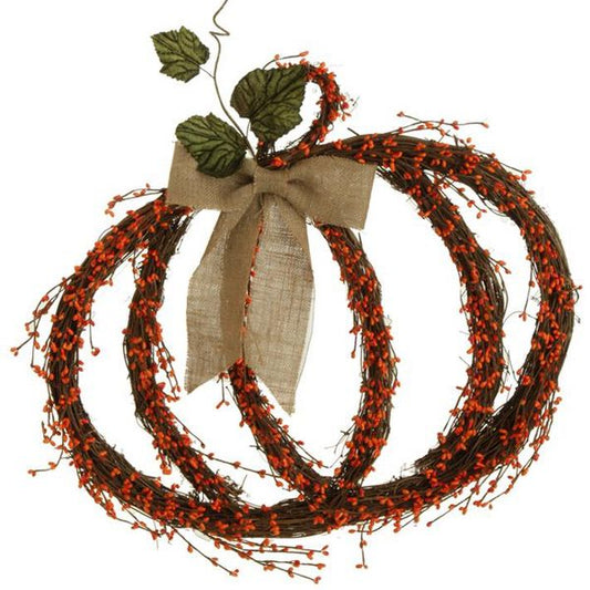 25" Twig Pumpkin Wreath with Burlap Bow – Autumn Decor