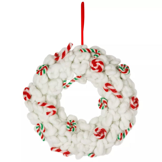13 Inch Plush Peppermint and Candy Canes Christmas Wreath Unlit