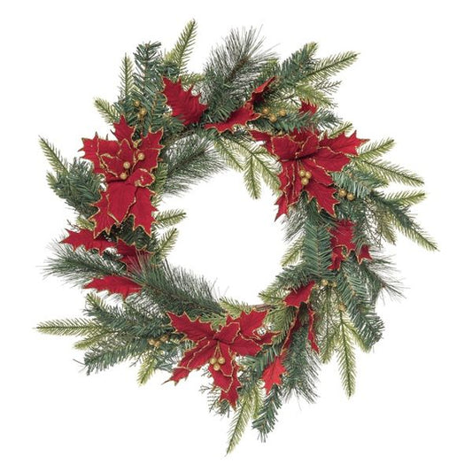 24" Green Christmas Wreath with Gilded Poinsettias – Decor
