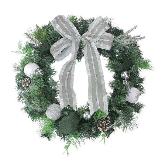 24 Inch White Silver Bow and Pine Cone Artificial Christmas Wreath Unlit