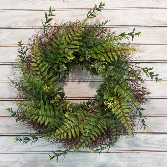 21" Slim Profile Artificial Fern Wreath with Grapevine Base – Nature Spring