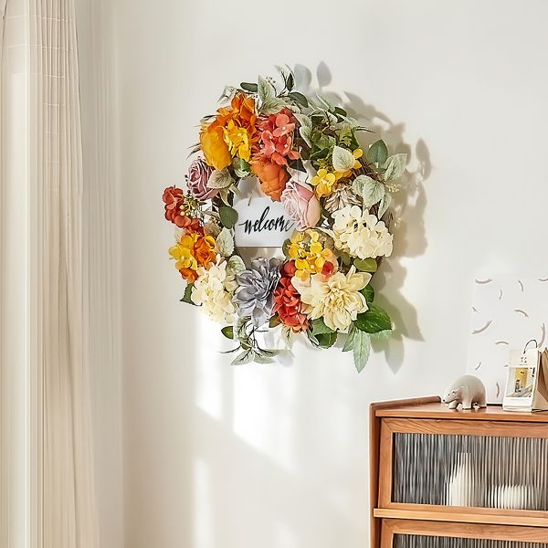 24" Artificial Decorative Wreath with Hydrangeas Roses Wooden Sign