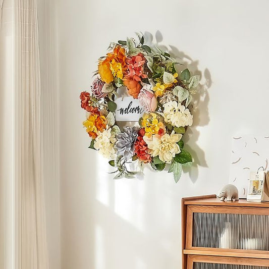 24" Artificial Decorative Wreath with Hydrangeas Roses Wooden Sign
