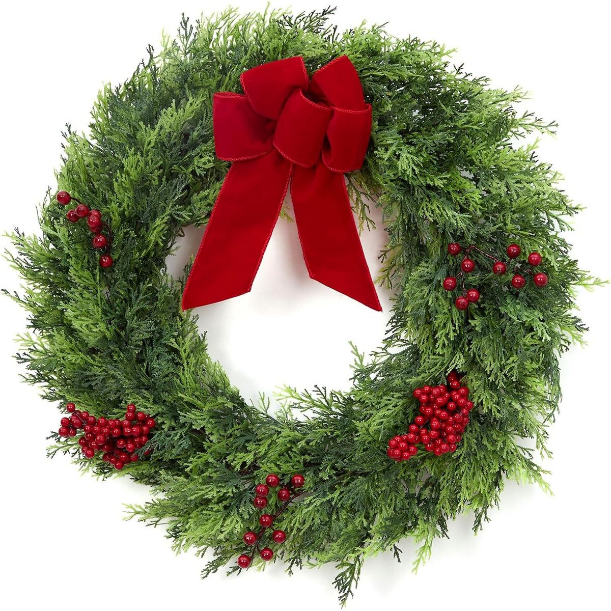 24 Inch Christmas Wreath for Front Door – Large Outdoor Wreath with Berries & Velvet Bow