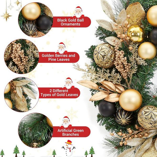 22 Inch Pre-Lit Artificial Christmas Wreath with Ball Ornaments, Gold Leaves & Pine Needles – Winter Holiday Décor for Door or Fireplace