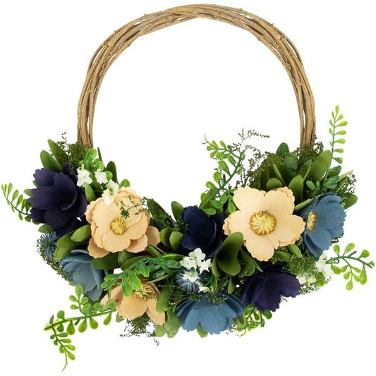 12-Inch Blue and Tan Poppy Floral Spring Basket Wreath Rustic Wooden Wall Accent